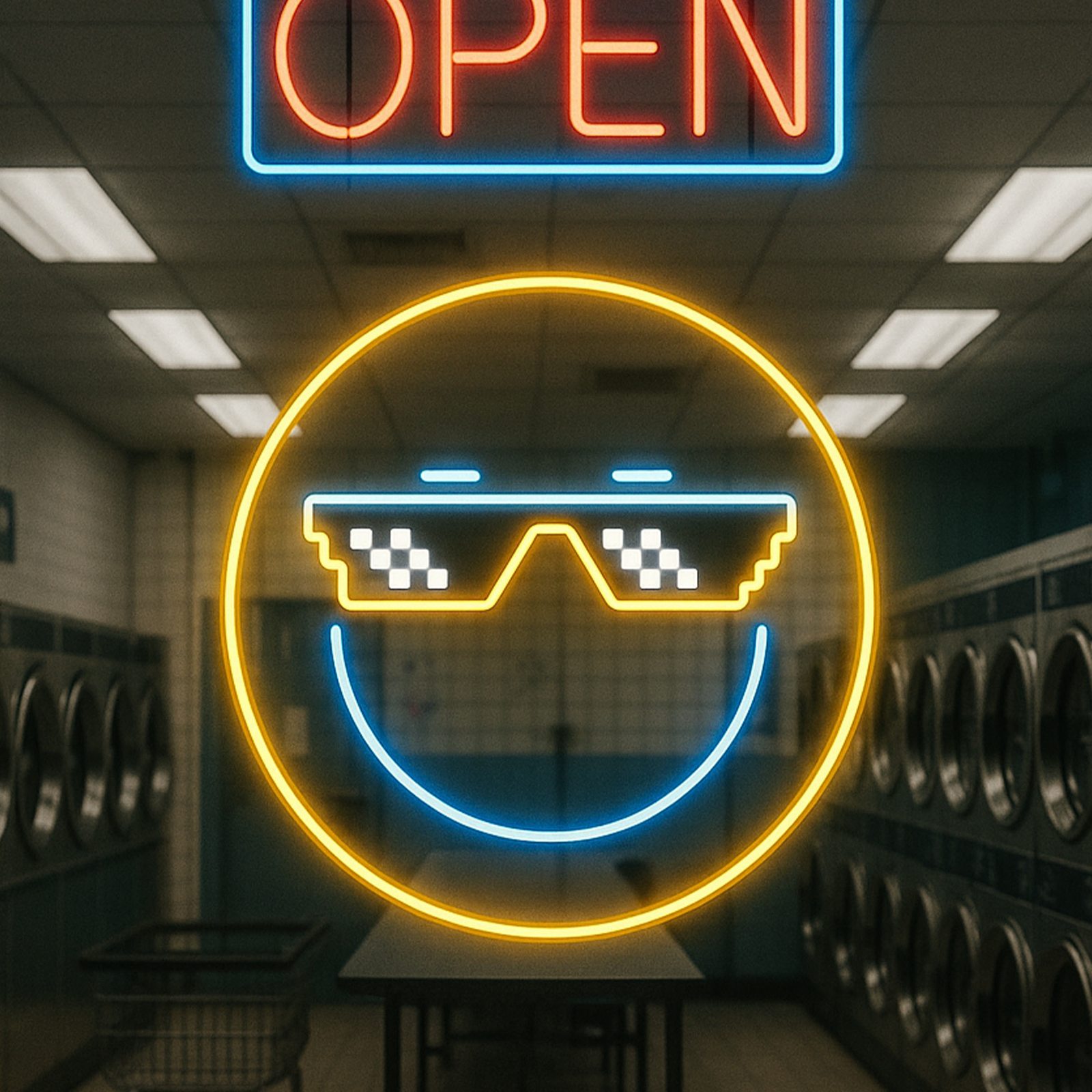 Open sign glowing inside the laundromat